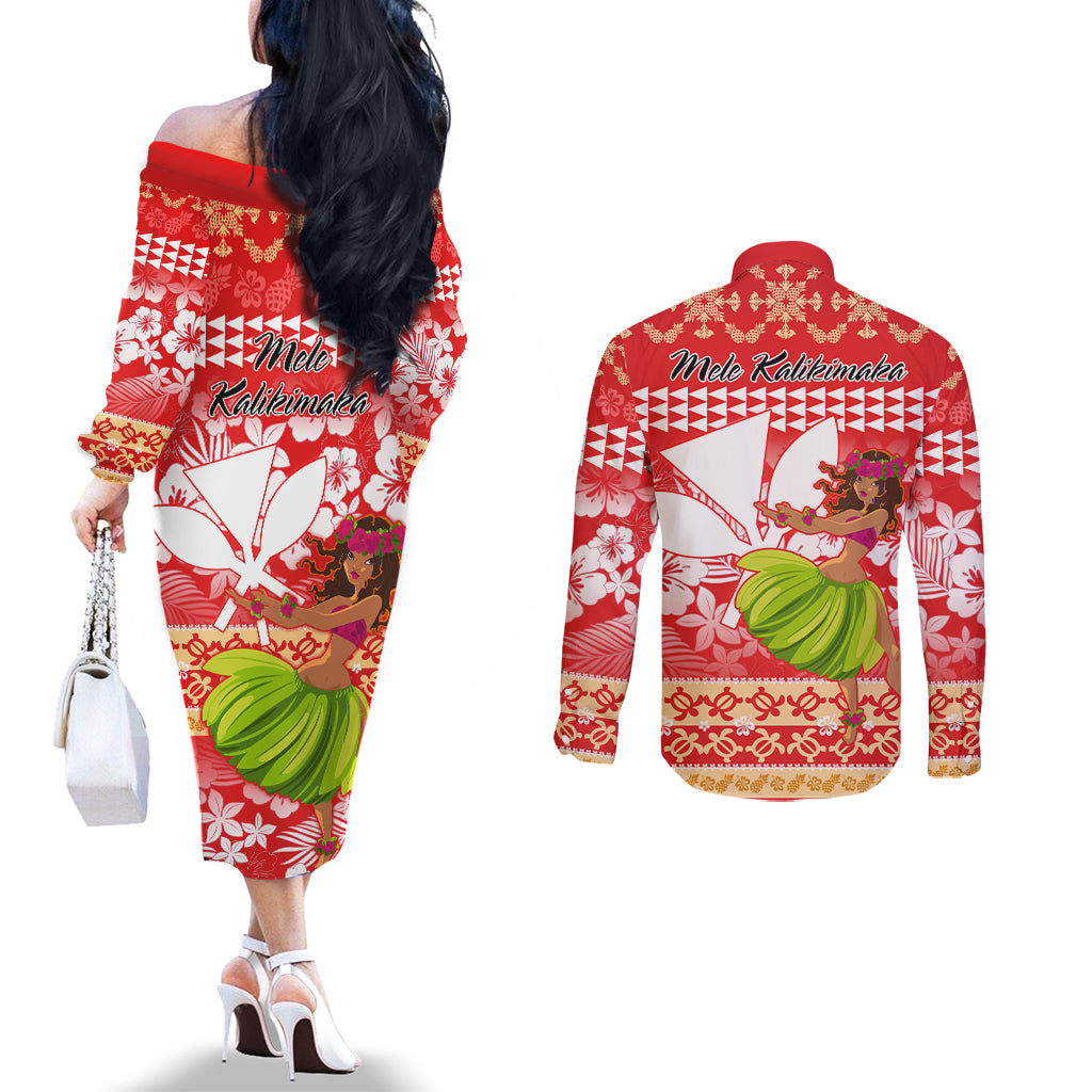 Hawaii Mele Kalikimaka Couples Matching Off The Shoulder Long Sleeve Dress and Long Sleeve Button Shirt Santa Claus and Hula Dancing Merry Christmas LT9 - Polynesian Pride