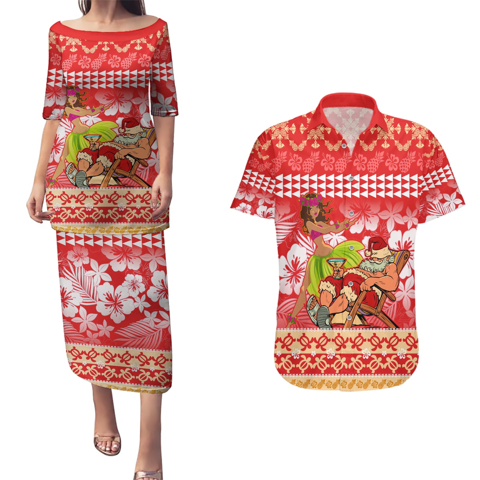 Hawaii Mele Kalikimaka Couples Matching Puletasi Dress and Hawaiian Shirt Santa Claus and Hula Dancing Merry Christmas LT9 Red - Polynesian Pride