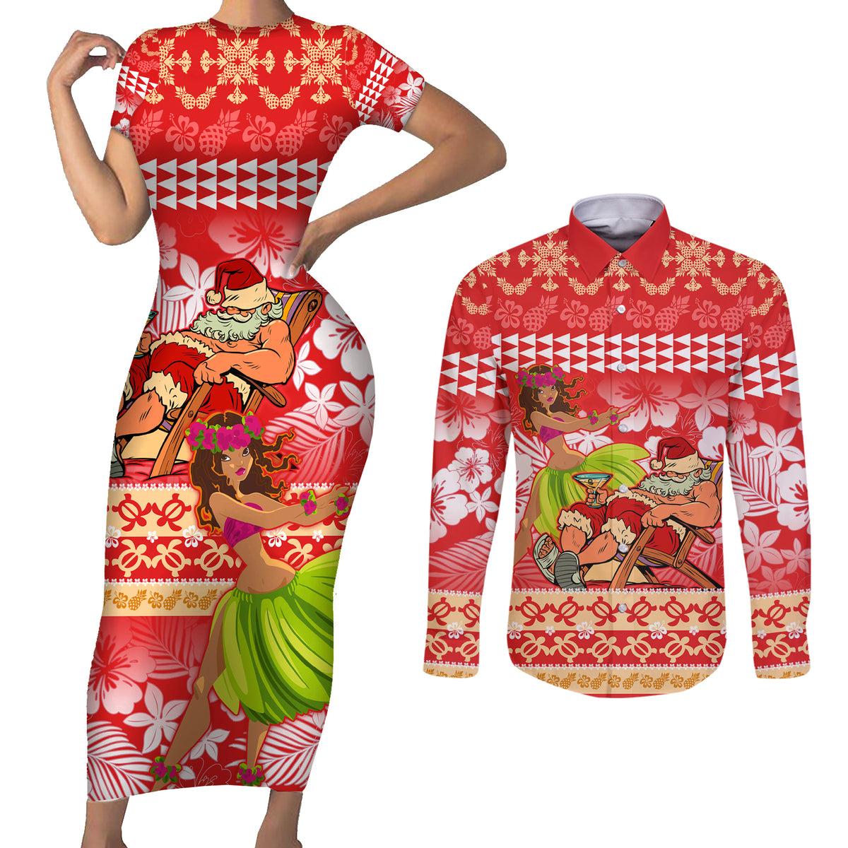 Hawaii Mele Kalikimaka Couples Matching Short Sleeve Bodycon Dress and Long Sleeve Button Shirt Santa Claus and Hula Dancing Merry Christmas LT9 Red - Polynesian Pride