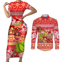 Hawaii Mele Kalikimaka Couples Matching Short Sleeve Bodycon Dress and Long Sleeve Button Shirt Santa Claus and Hula Dancing Merry Christmas LT9 Red - Polynesian Pride