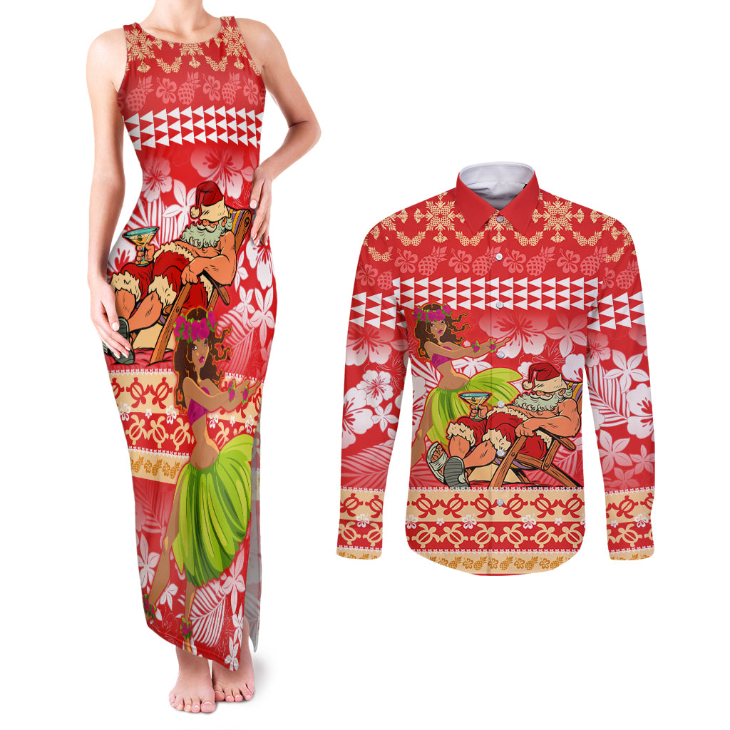 Hawaii Mele Kalikimaka Couples Matching Tank Maxi Dress and Long Sleeve Button Shirt Santa Claus and Hula Dancing Merry Christmas LT9 Red - Polynesian Pride