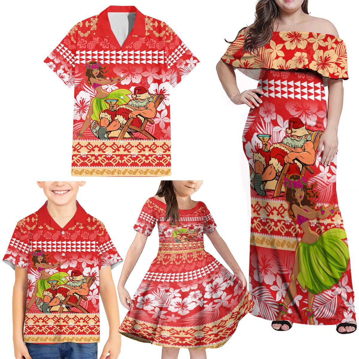 Hawaii Mele Kalikimaka Family Matching Off Shoulder Maxi Dress and Hawaiian Shirt Santa Claus and Hula Dancing Merry Christmas LT9 - Polynesian Pride