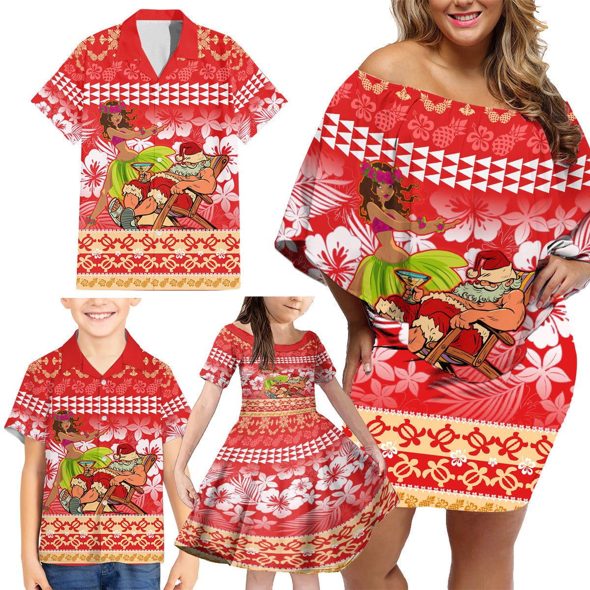 Hawaii Mele Kalikimaka Family Matching Off Shoulder Short Dress and Hawaiian Shirt Santa Claus and Hula Dancing Merry Christmas LT9 - Polynesian Pride