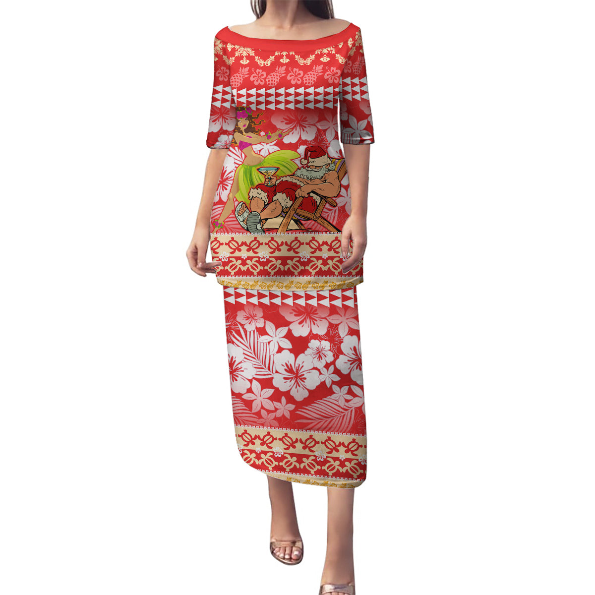 Hawaii Mele Kalikimaka Family Matching Puletasi Dress and Hawaiian Shirt Santa Claus and Hula Dancing Merry Christmas LT9 Mom's Dress Red - Polynesian Pride