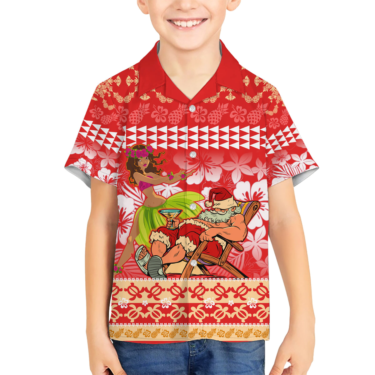 Hawaii Mele Kalikimaka Family Matching Short Sleeve Bodycon Dress and Hawaiian Shirt Santa Claus and Hula Dancing Merry Christmas LT9 Son's Shirt Red - Polynesian Pride
