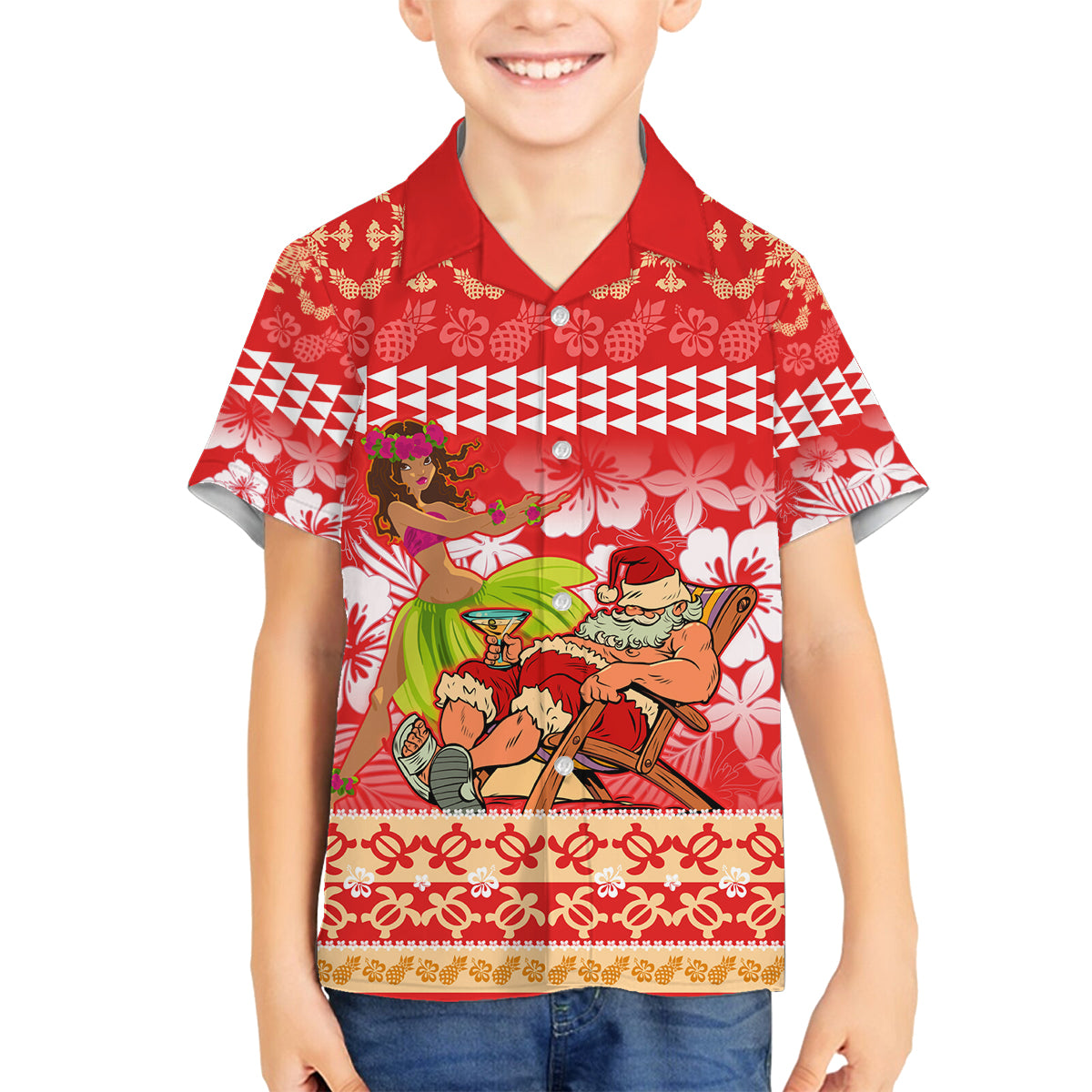Hawaii Mele Kalikimaka Family Matching Summer Maxi Dress and Hawaiian Shirt Santa Claus and Hula Dancing Merry Christmas LT9 Son's Shirt Red - Polynesian Pride