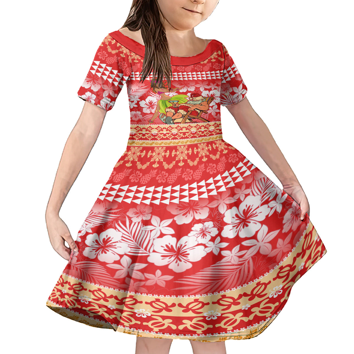 Hawaii Mele Kalikimaka Kid Short Sleeve Dress Santa Claus and Hula Dancing Merry Christmas LT9 KID Red - Polynesian Pride