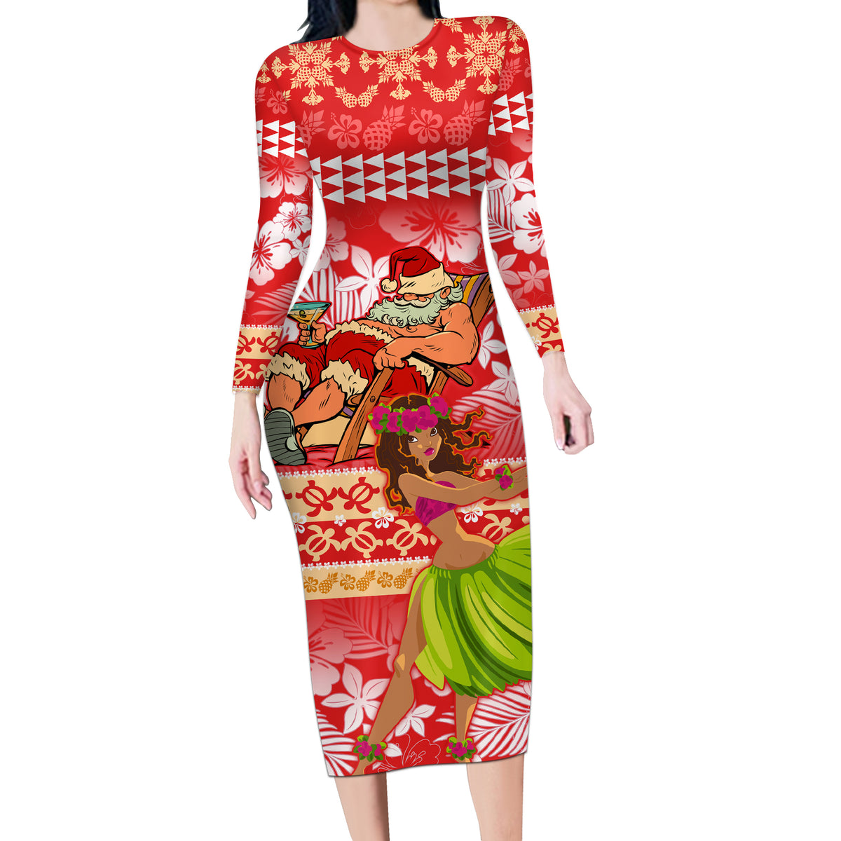 Hawaii Mele Kalikimaka Long Sleeve Bodycon Dress Santa Claus and Hula Dancing Merry Christmas LT9 Long Dress Red - Polynesian Pride