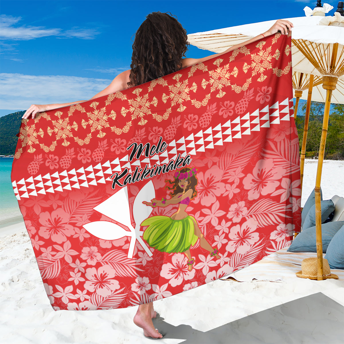 Hawaii Mele Kalikimaka Sarong Santa Claus and Hula Dancing Merry Christmas LT9 One Size 44 x 66 inches Red - Polynesian Pride