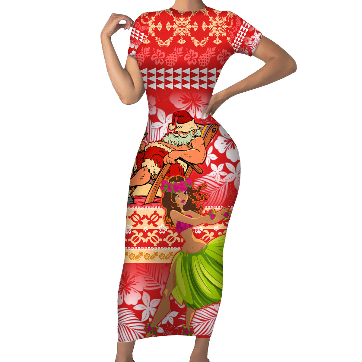 Hawaii Mele Kalikimaka Short Sleeve Bodycon Dress Santa Claus and Hula Dancing Merry Christmas LT9 Long Dress Red - Polynesian Pride