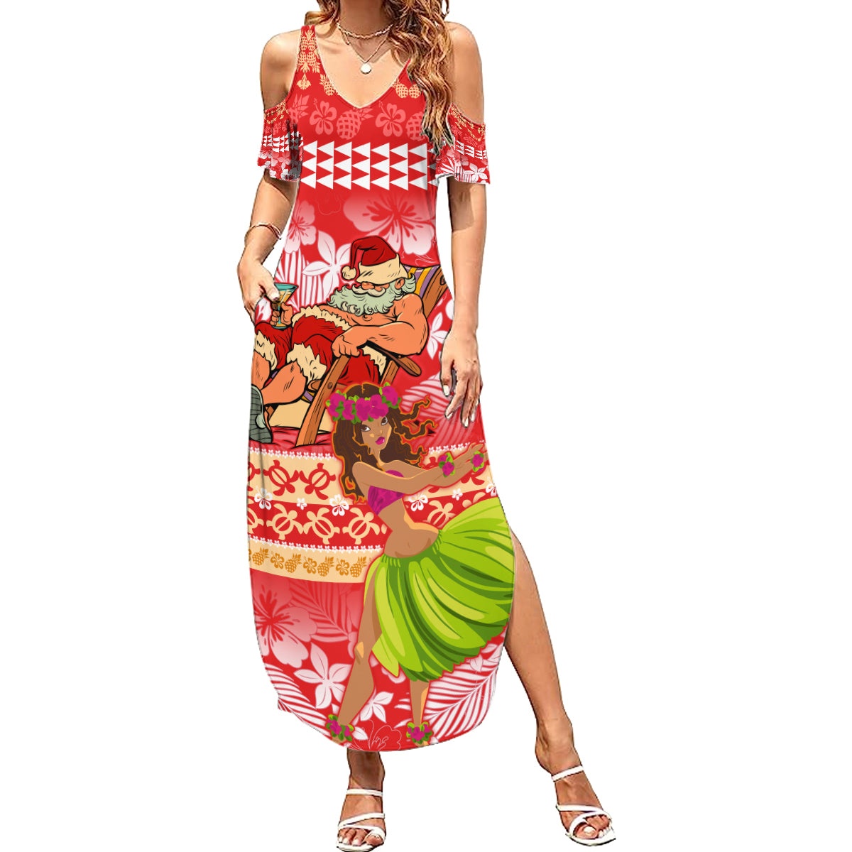 Hawaii Mele Kalikimaka Summer Maxi Dress Santa Claus and Hula Dancing Merry Christmas LT9 Women Red - Polynesian Pride