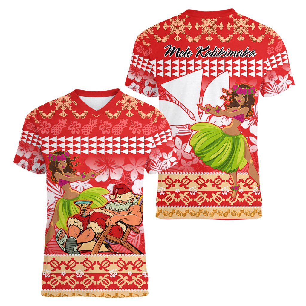 Hawaii Mele Kalikimaka Women V Neck T Shirt Santa Claus and Hula Dancing Merry Christmas LT9 - Polynesian Pride
