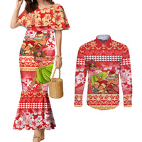 Personalised Hawaii Mele Kalikimaka Couples Matching Mermaid Dress and Long Sleeve Button Shirt Santa Claus and Hula Dancing Merry Christmas LT9 Red - Polynesian Pride