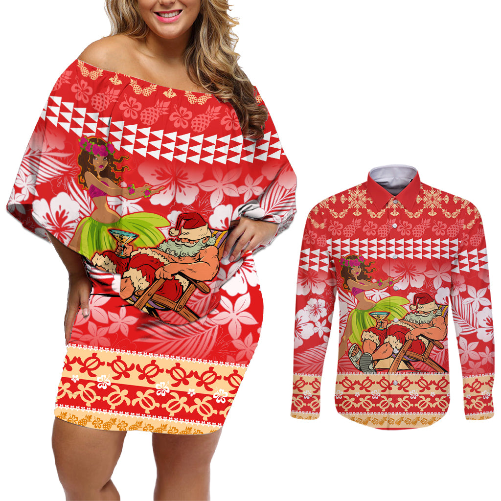 Personalised Hawaii Mele Kalikimaka Couples Matching Off Shoulder Short Dress and Long Sleeve Button Shirt Santa Claus and Hula Dancing Merry Christmas LT9 Red - Polynesian Pride