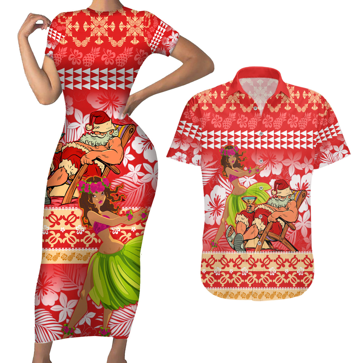Personalised Hawaii Mele Kalikimaka Couples Matching Short Sleeve Bodycon Dress and Hawaiian Shirt Santa Claus and Hula Dancing Merry Christmas LT9 Red - Polynesian Pride