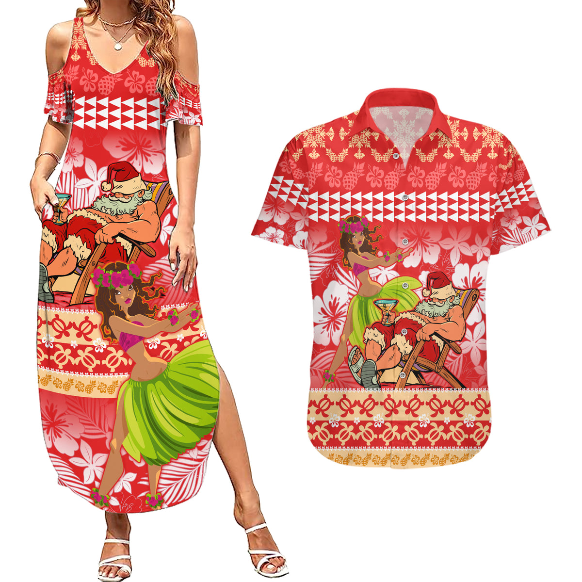 Personalised Hawaii Mele Kalikimaka Couples Matching Summer Maxi Dress and Hawaiian Shirt Santa Claus and Hula Dancing Merry Christmas LT9 Red - Polynesian Pride