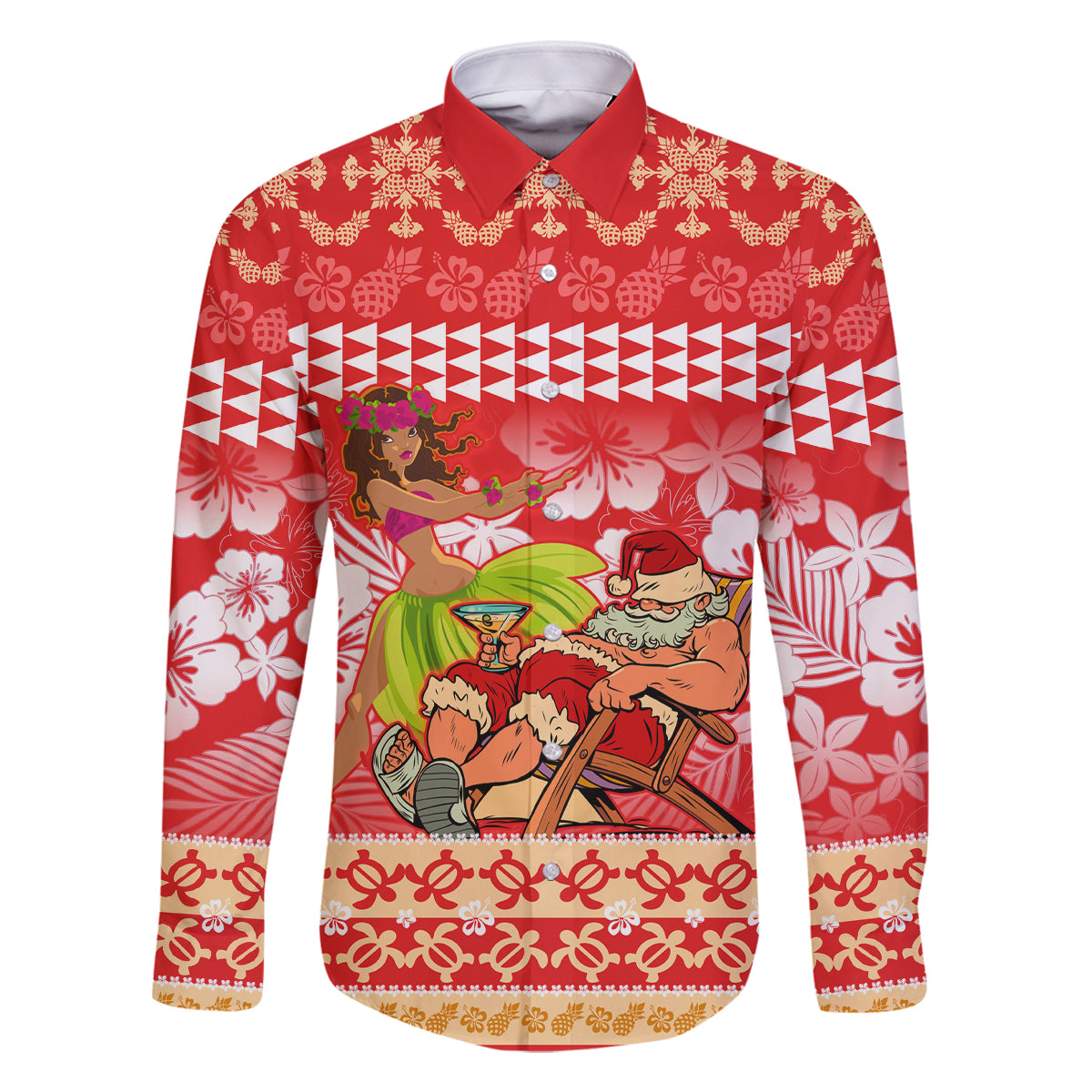 Personalised Hawaii Mele Kalikimaka Family Matching Mermaid Dress and Hawaiian Shirt Santa Claus and Hula Dancing Merry Christmas LT9 Dad's Shirt - Long Sleeve Red - Polynesian Pride