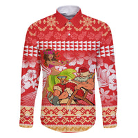 Personalised Hawaii Mele Kalikimaka Family Matching Tank Maxi Dress and Hawaiian Shirt Santa Claus and Hula Dancing Merry Christmas LT9 Dad's Shirt - Long Sleeve Red - Polynesian Pride