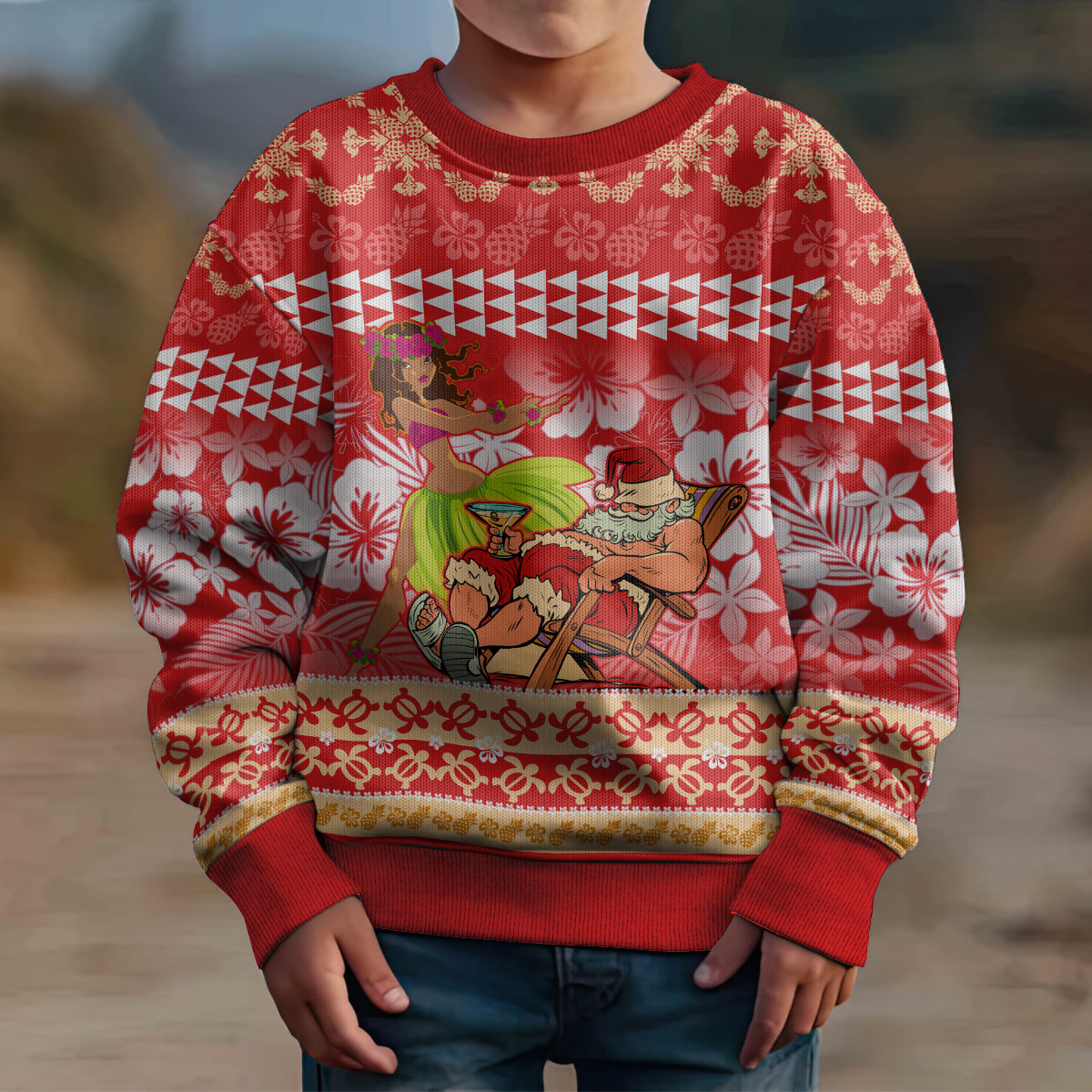 Personalised Hawaii Mele Kalikimaka Kid Ugly Christmas Sweater Santa Claus and Hula Dancing Merry Christmas LT9 - Polynesian Pride