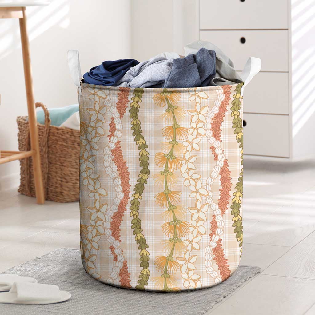 Hawaiian Ohia Lehua Lei Laundry Basket Plaid Palaka Ahiehie Pattern LT9 Beige - Polynesian Pride