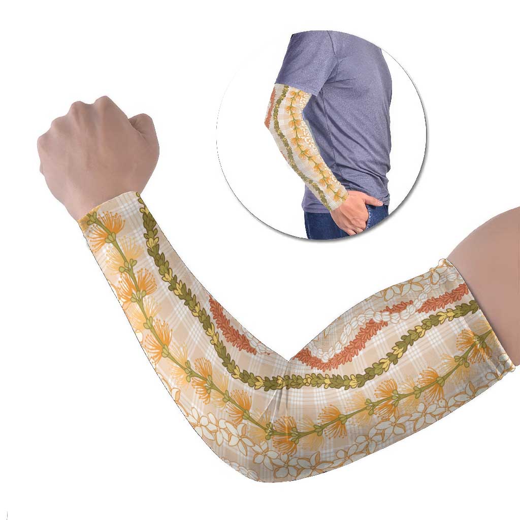 Hawaiian Ohia Lehua Lei Arm Sleeves Plaid Palaka Ahiehie Pattern LT9 Set of 2 Beige - Polynesian Pride