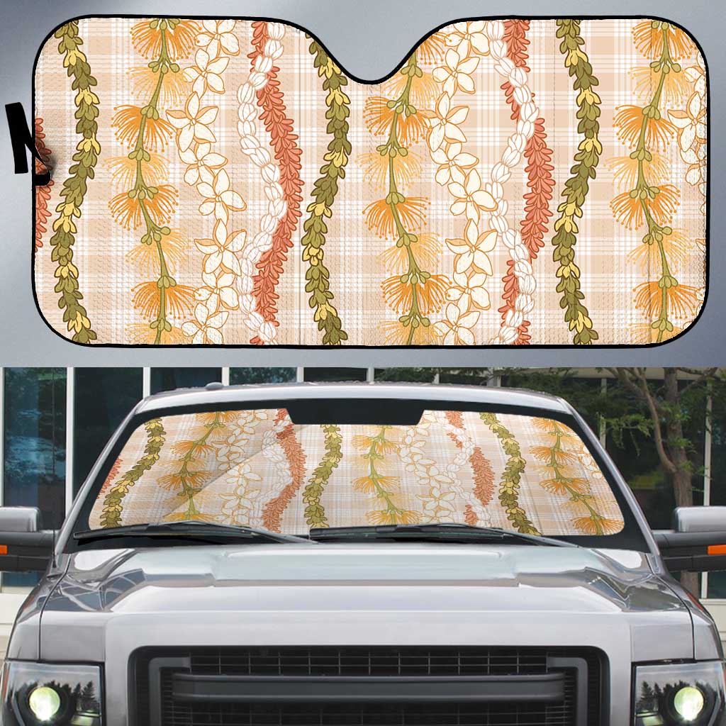 Hawaiian Ohia Lehua Lei Auto Sun Shade Plaid Palaka Ahiehie Pattern - Polynesian Pride