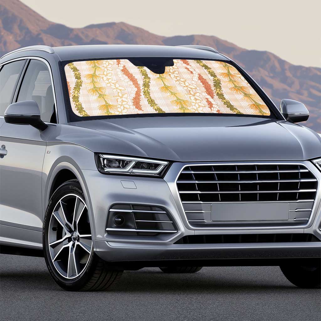 Hawaiian Ohia Lehua Lei Auto Sun Shade Plaid Palaka Ahiehie Pattern - Polynesian Pride