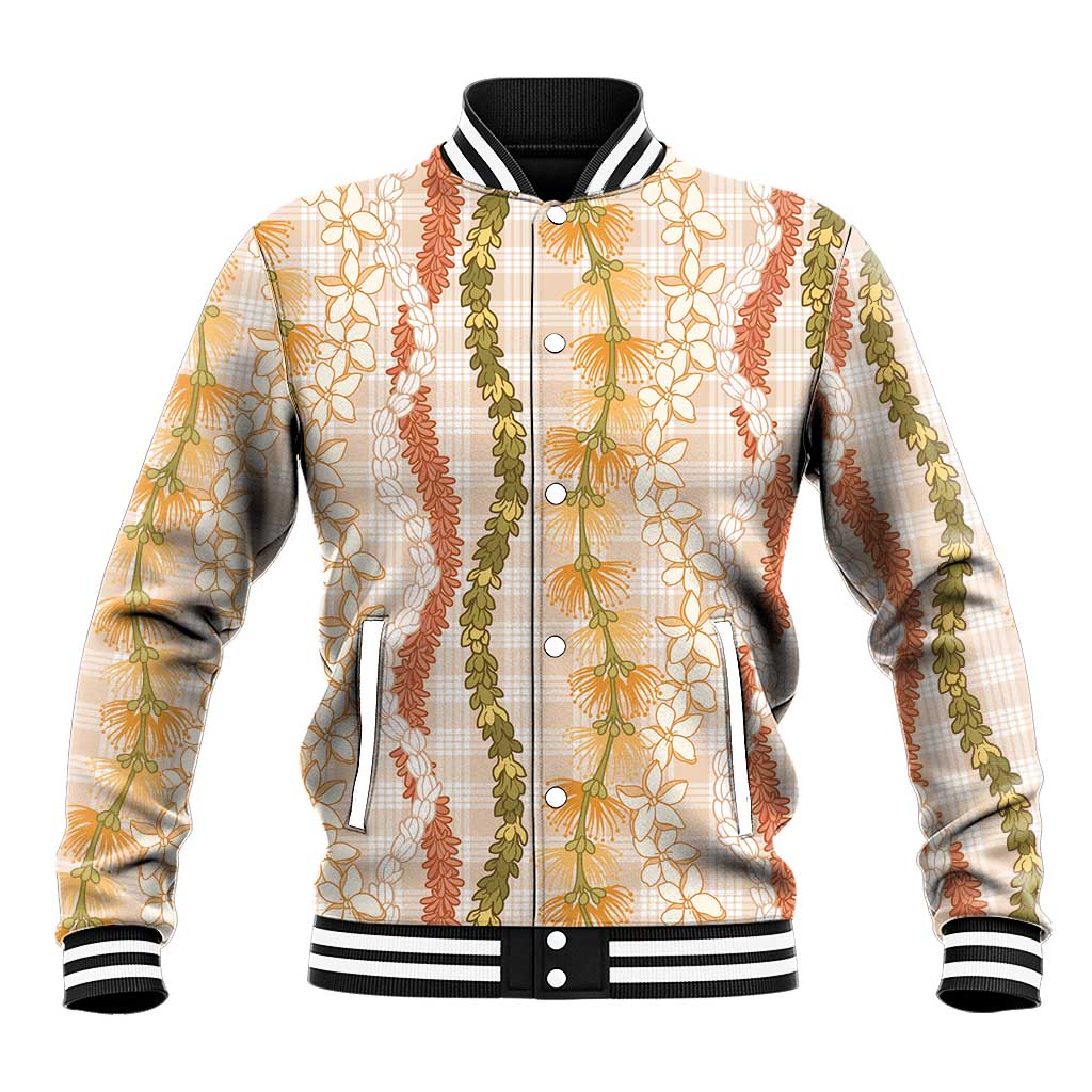 Hawaiian Ohia Lehua Lei Baseball Jacket Plaid Palaka Ahiehie Pattern LT9 Unisex Beige - Polynesian Pride