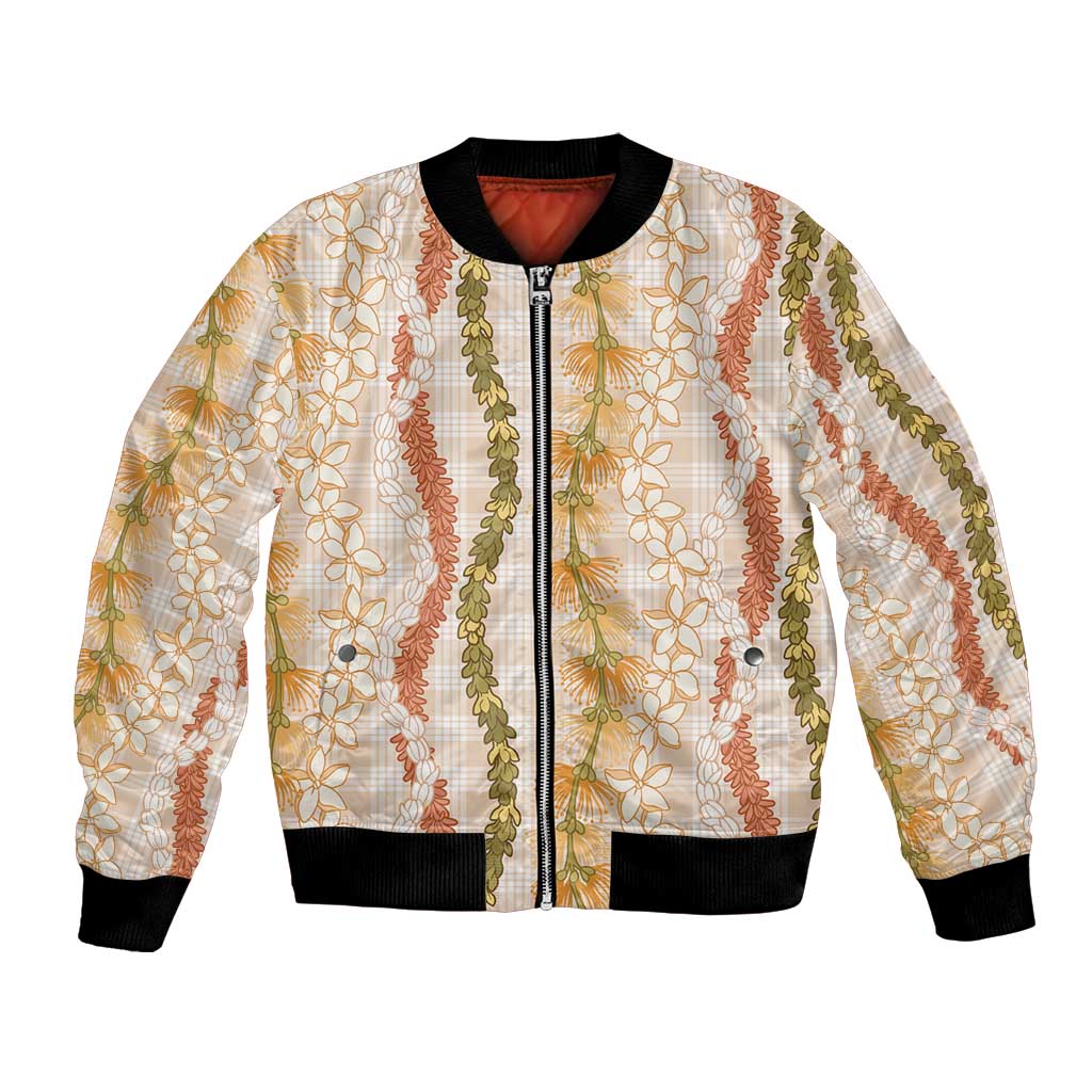 Hawaiian Ohia Lehua Lei Bomber Jacket Plaid Palaka Ahiehie Pattern LT9 Unisex Beige - Polynesian Pride