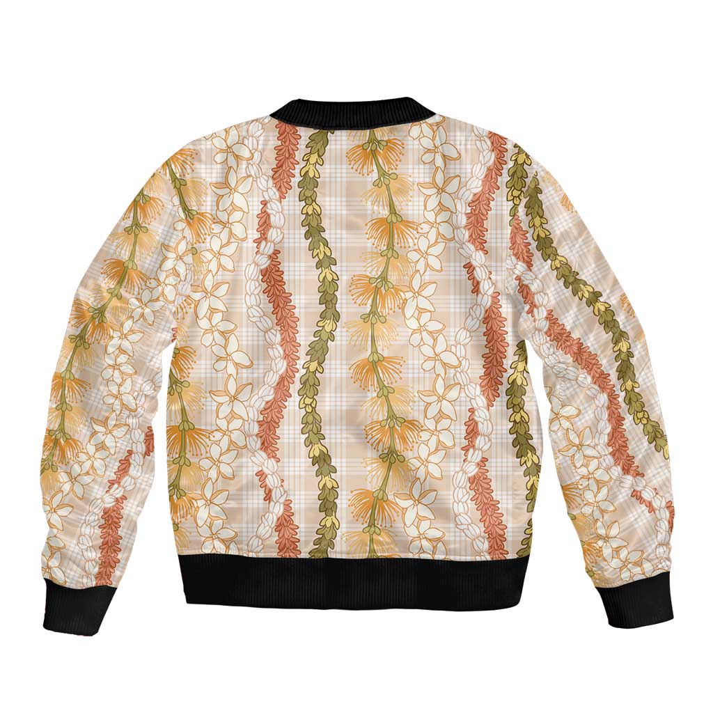 Hawaiian Ohia Lehua Lei Bomber Jacket Plaid Palaka Ahiehie Pattern LT9 - Polynesian Pride