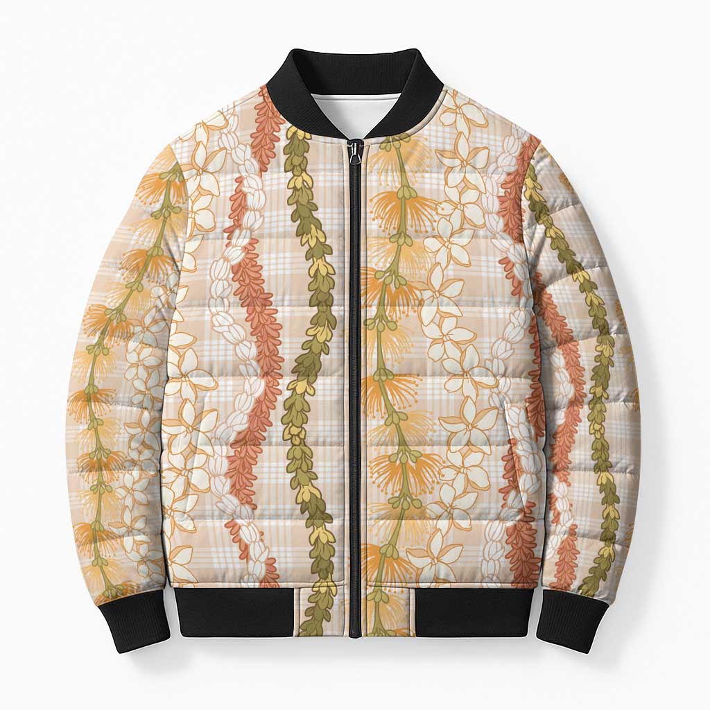 Hawaiian Ohia Lehua Lei Bomber Puffer Jacket Plaid Palaka Ahiehie Pattern LT9 Unisex Beige - Polynesian Pride