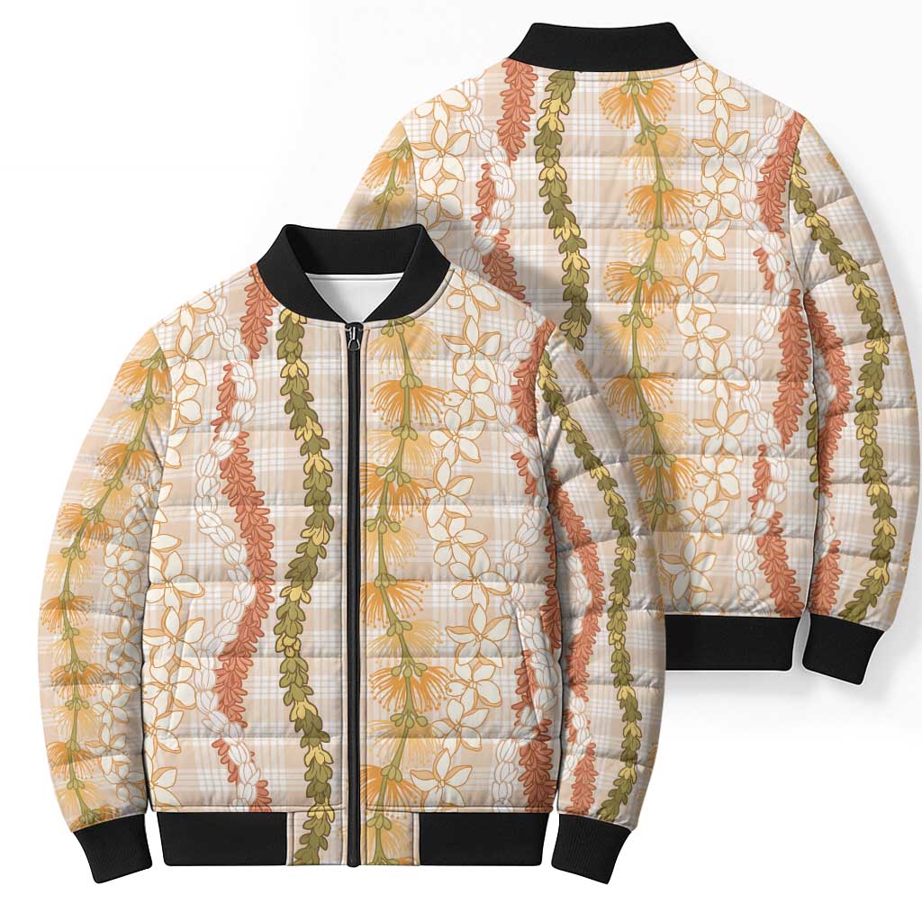 Hawaiian Ohia Lehua Lei Bomber Puffer Jacket Plaid Palaka Ahiehie Pattern LT9 - Polynesian Pride