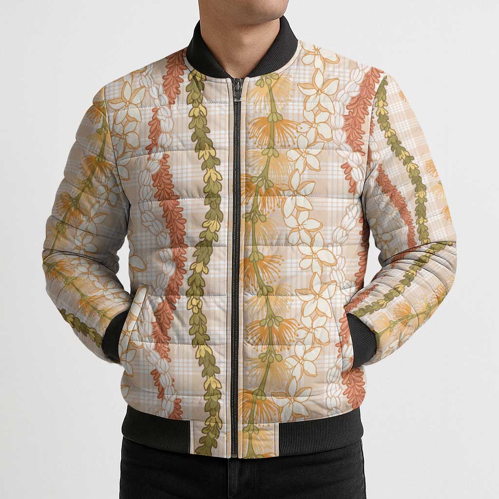 Hawaiian Ohia Lehua Lei Bomber Puffer Jacket Plaid Palaka Ahiehie Pattern LT9 - Polynesian Pride