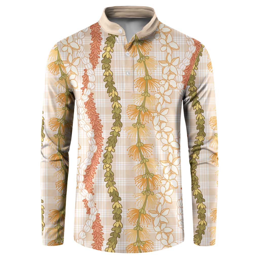 Hawaiian Ohia Lehua Lei Button Sweatshirt Plaid Palaka Ahiehie Pattern LT9 Beige - Polynesian Pride