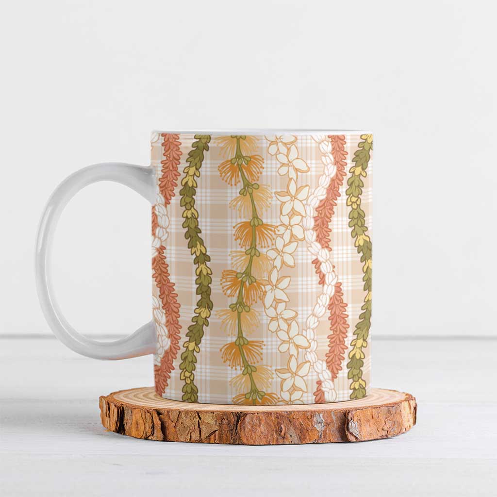 Hawaiian Ohia Lehua Lei Ceramic Mug Plaid Palaka Ahiehie Pattern - Polynesian Pride