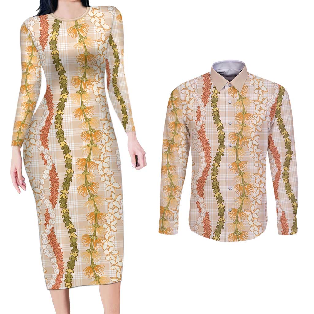 Hawaiian Ohia Lehua Lei Couples Matching Long Sleeve Bodycon Dress and Long Sleeve Button Shirt Plaid Palaka Ahiehie Pattern - Polynesian Pride
