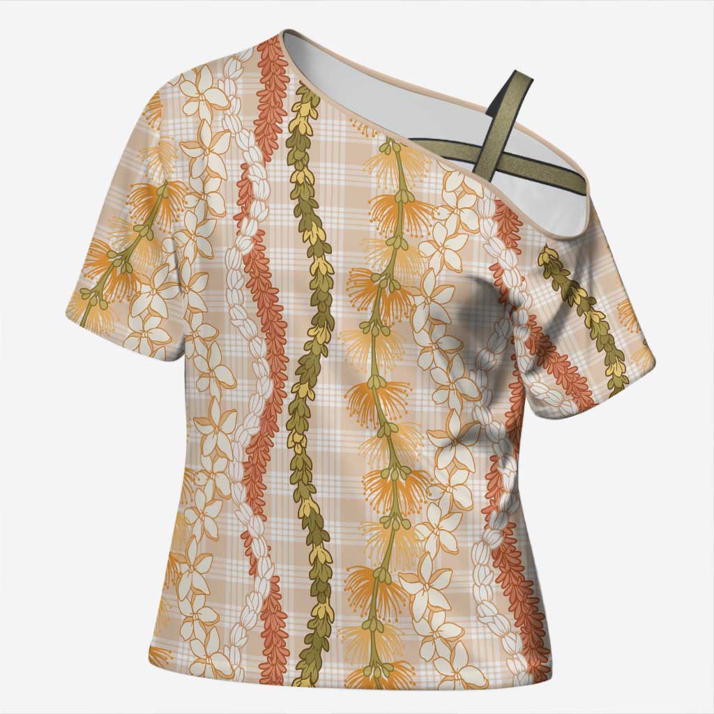 Hawaiian Ohia Lehua Lei Cross Shoulder Shirt Plaid Palaka Ahiehie Pattern LT9 Female Beige - Polynesian Pride