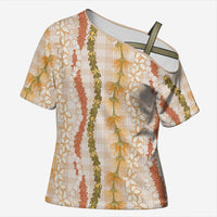 Hawaiian Ohia Lehua Lei Cross Shoulder Shirt Plaid Palaka Ahiehie Pattern LT9 Female Beige - Polynesian Pride