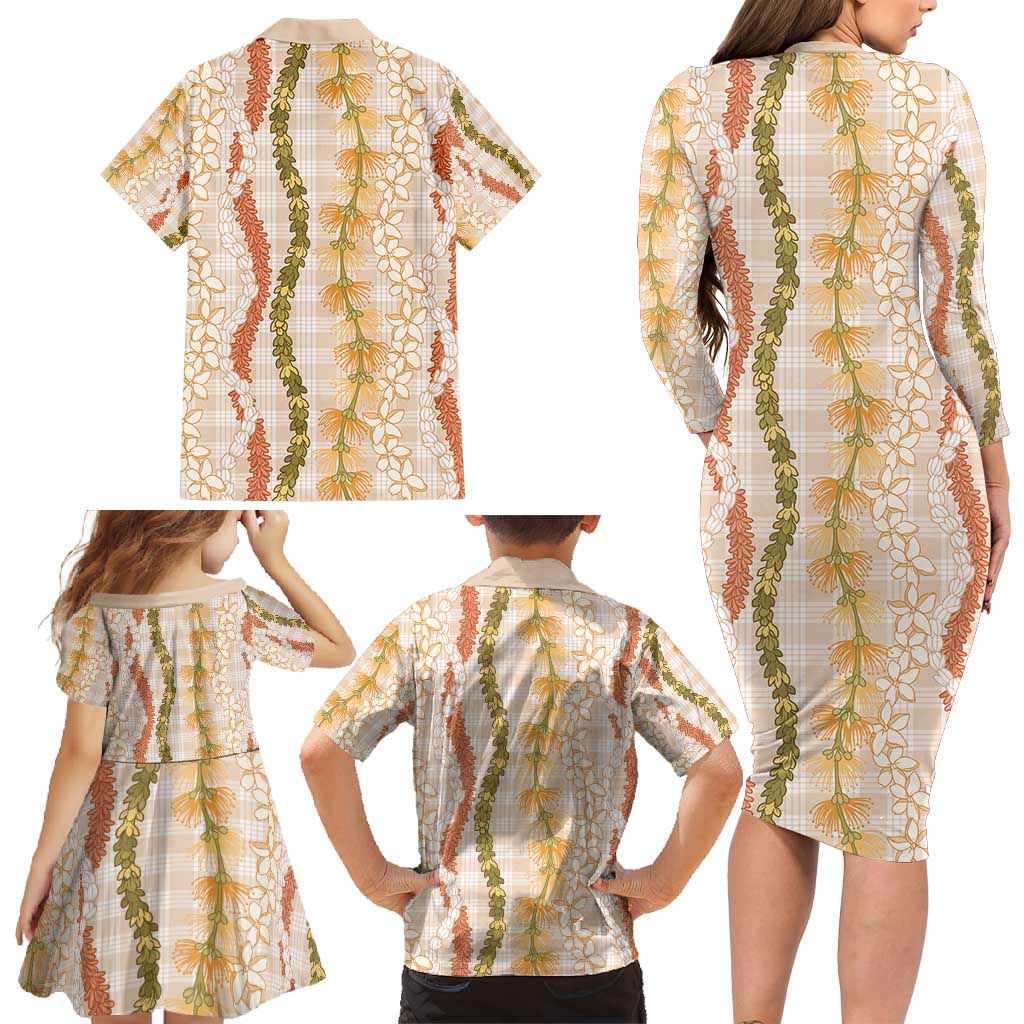 Hawaiian Ohia Lehua Lei Family Matching Long Sleeve Bodycon Dress and Hawaiian Shirt Plaid Palaka Ahiehie Pattern - Polynesian Pride