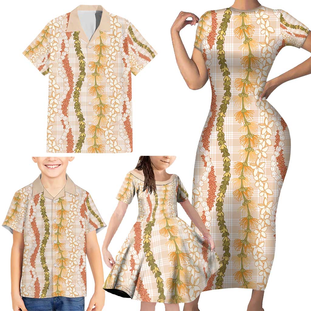 Hawaiian Ohia Lehua Lei Family Matching Short Sleeve Bodycon Dress and Hawaiian Shirt Plaid Palaka Ahiehie Pattern - Polynesian Pride