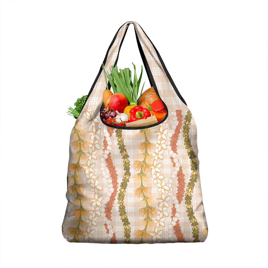 Hawaiian Ohia Lehua Lei Grocery Bag Plaid Palaka Ahiehie Pattern LT9 1-pack One Size Beige - Polynesian Pride