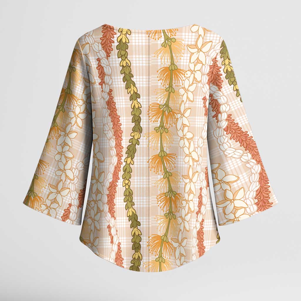 Hawaiian Ohia Lehua Lei Kimono Sleeve Blouse Plaid Palaka Ahiehie Pattern - Polynesian Pride