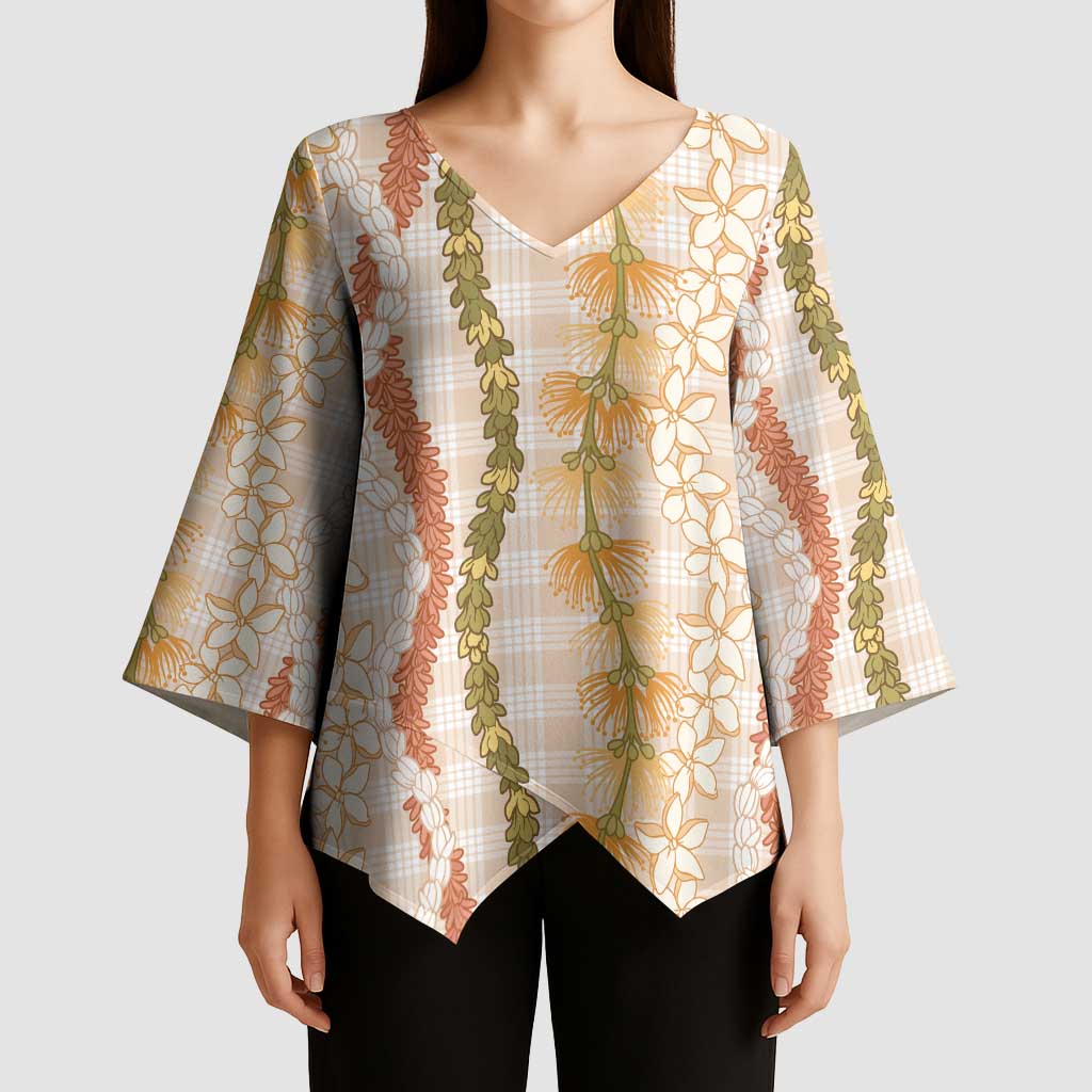 Hawaiian Ohia Lehua Lei Kimono Sleeve Blouse Plaid Palaka Ahiehie Pattern - Polynesian Pride