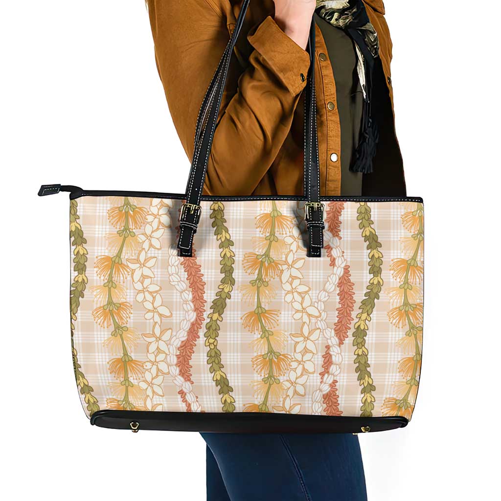 Hawaiian Ohia Lehua Lei Leather Tote Bag Plaid Palaka Ahiehie Pattern LT9 - Polynesian Pride