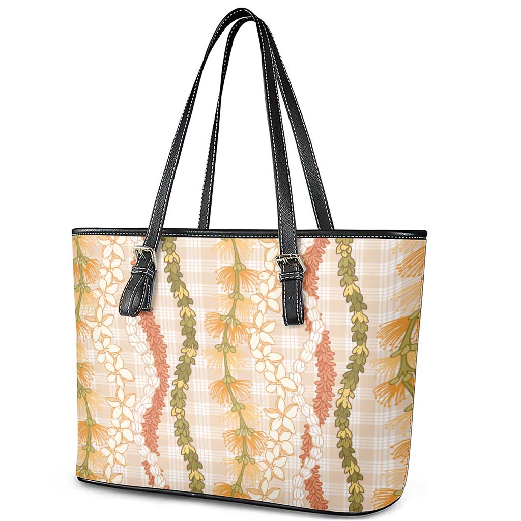 Hawaiian Ohia Lehua Lei Leather Tote Bag Plaid Palaka Ahiehie Pattern LT9 - Polynesian Pride