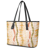 Hawaiian Ohia Lehua Lei Leather Tote Bag Plaid Palaka Ahiehie Pattern LT9 - Polynesian Pride