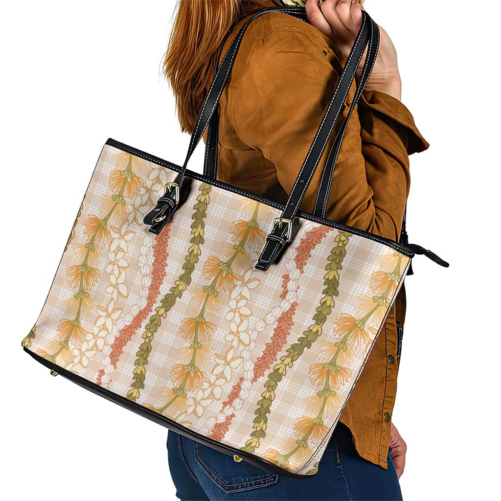 Hawaiian Ohia Lehua Lei Leather Tote Bag Plaid Palaka Ahiehie Pattern LT9 - Polynesian Pride