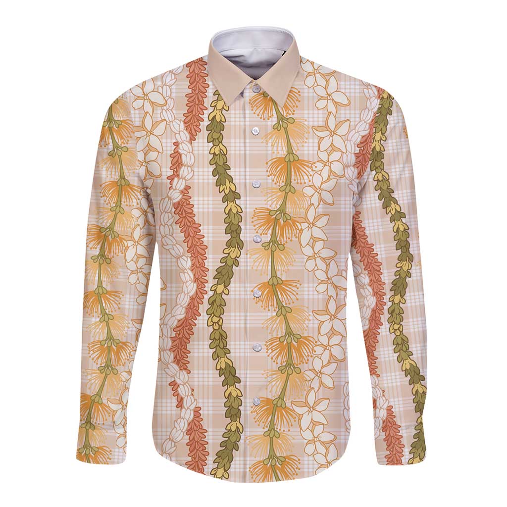 Hawaiian Ohia Lehua Lei Long Sleeve Button Shirt Plaid Palaka Ahiehie Pattern LT9 Unisex Beige - Polynesian Pride