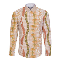 Hawaiian Ohia Lehua Lei Long Sleeve Button Shirt Plaid Palaka Ahiehie Pattern LT9 Unisex Beige - Polynesian Pride