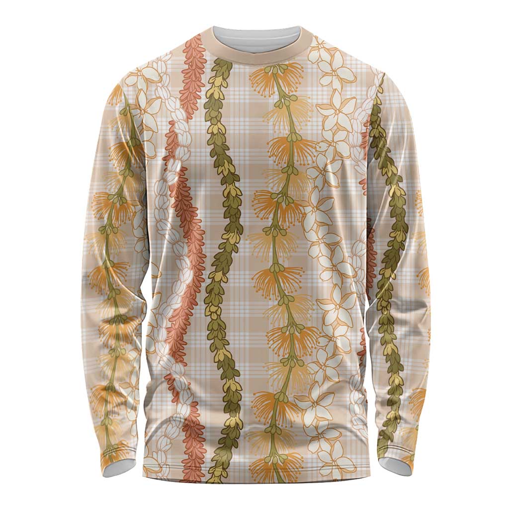 Hawaiian Ohia Lehua Lei Long Sleeve Shirt Plaid Palaka Ahiehie Pattern LT9 Unisex Beige - Polynesian Pride